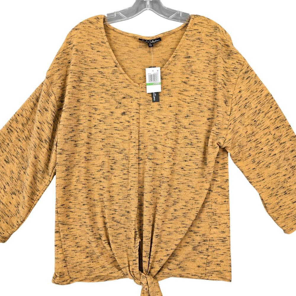 A+A Collection Brown Black Shirt NEW Stretch Knit 3/4 Sleeves V-Neck Women L Top